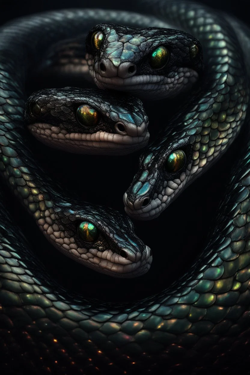 A two headed snake digital portrait, dark fantasy, black iridescent scales, holographic, shiny, PVC texture, wet look,