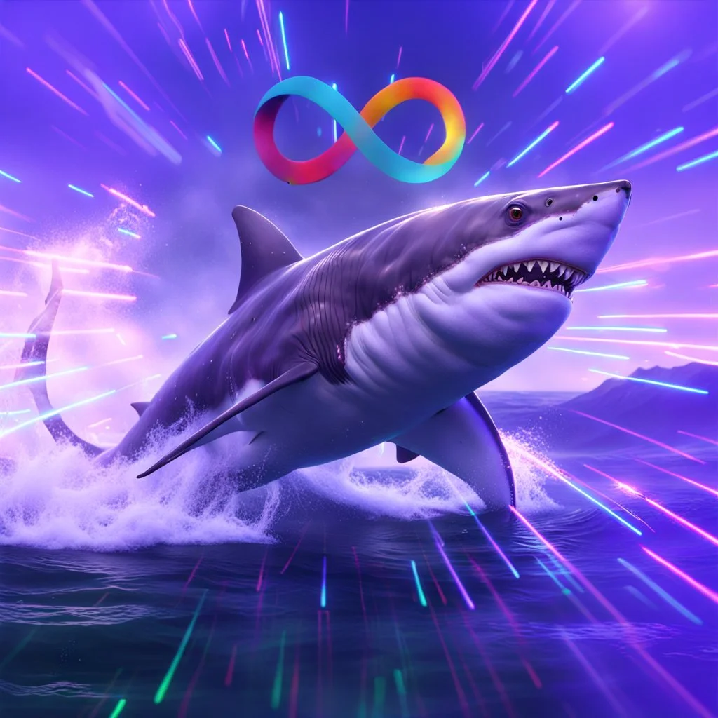 infinity symbol ∞ with vibrant powerful shark jumping out of the sea, striking, neon, chiaroscuro, dramatic, captivating, powerful, fantasy, beautiful, octane render, 16k post-production, artstation: award-winning: atmospheric: commanding: fantastical: clarity: ultra quality: striking: brilliance: stunning colors: amazing depth; lens: f/11, 35mm