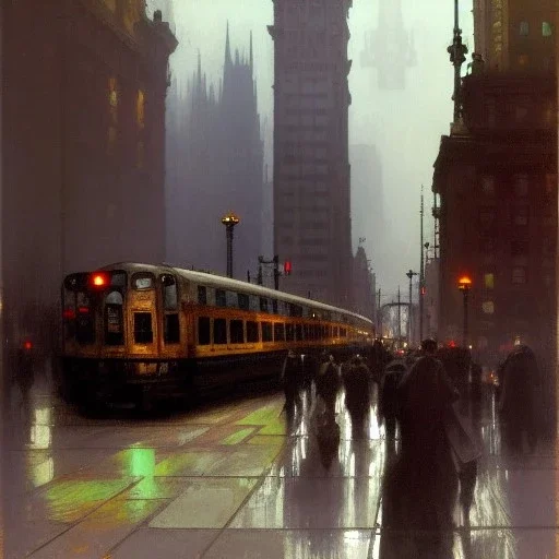 Central Square with a statue and Elevated train, traffic, Gotham city, Neogothic architecture by Jeremy mann, point perspective, Alphonse mucha