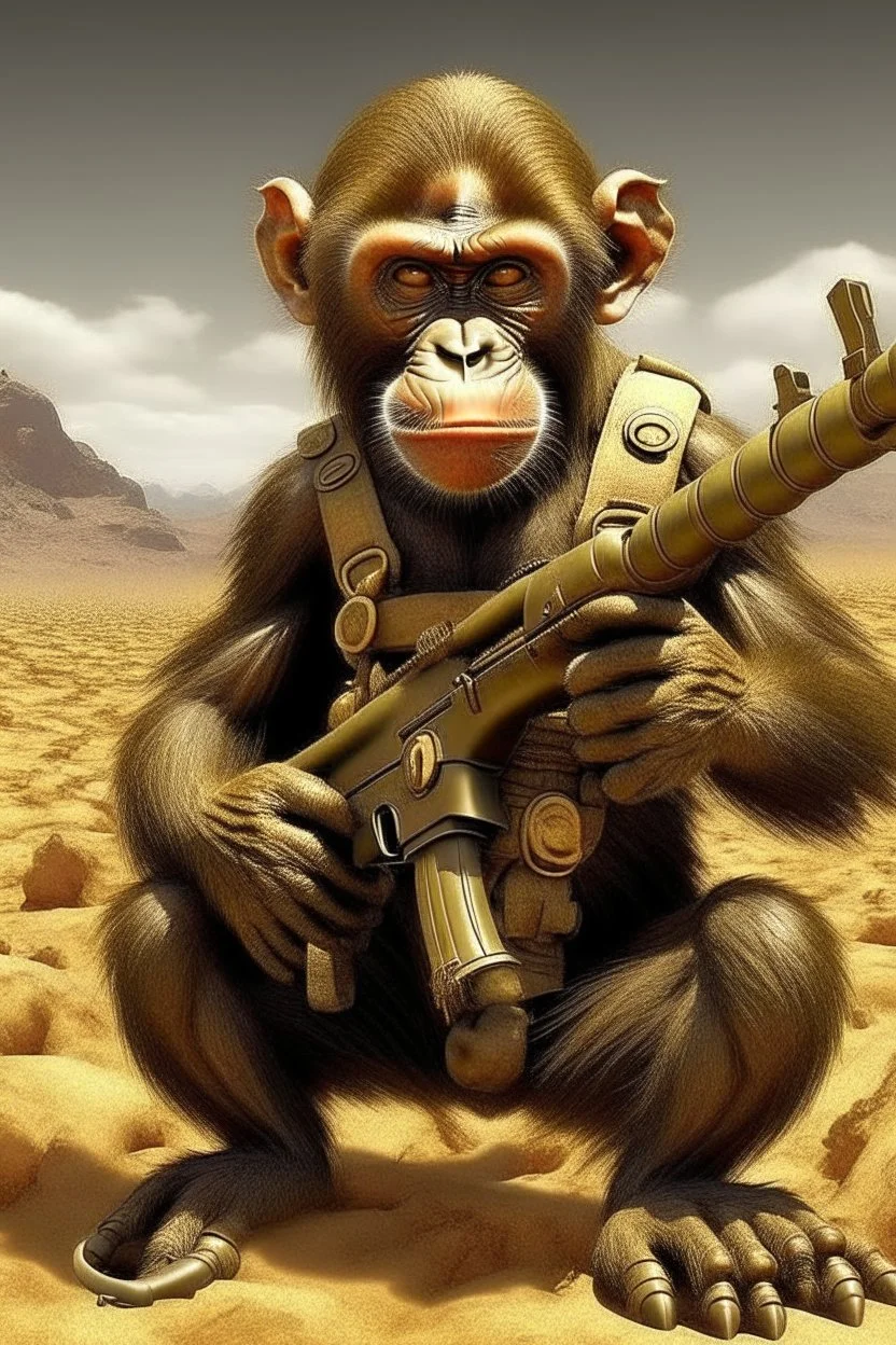 Show me angry monkey, but this monkey has in left hand AK - 47. This monkey is on the Mars and around this monkey is field of corn.