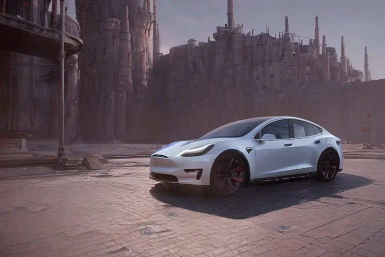 A Tesla 'Model Y' is parked, in the 'Cloud City' of Bespin. CINEMATIC. WIDE ANGLE LENS. PHOTO REAL.