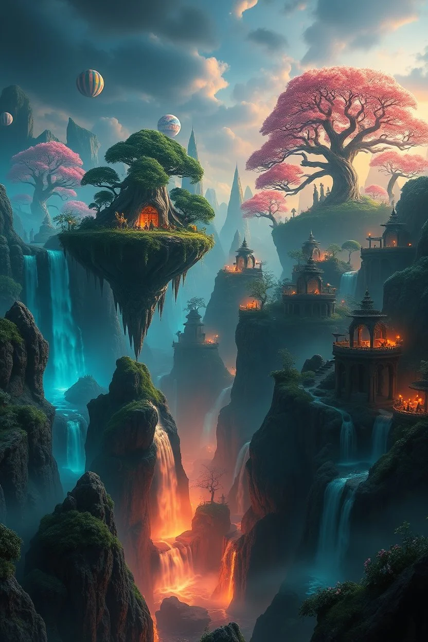 Ultra realistic photo of a magical world filled with floating islands, glowing waterfalls, giant luminous trees, mysterious ancient ruins, enchanted atmosphere, vibrant magical colors, cinematic fantasy lighting, breathtaking scenery, highly detailed environment, HOF, full size, (((realism, realphoto, fantasy photography, professional photographer, captured with professional DSLR camera, 64k, photorealistic, ultra detailed, masterpiece)))