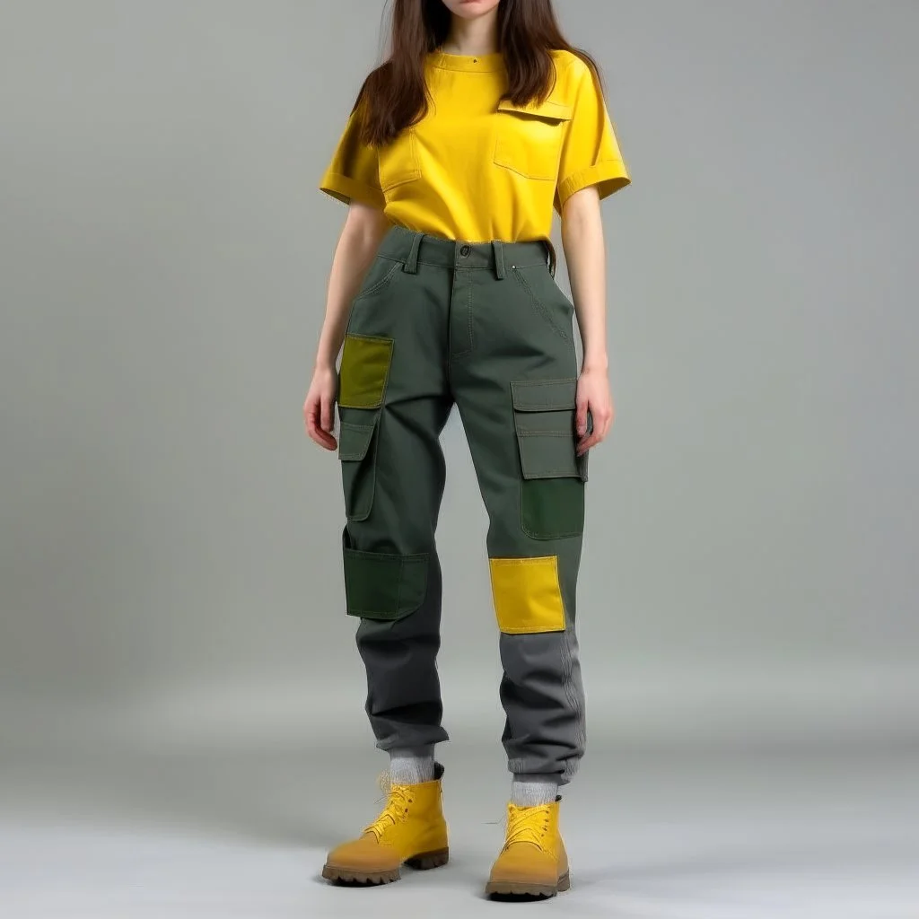 Women model catwalk wearing cargo jeans with patch jellow and green