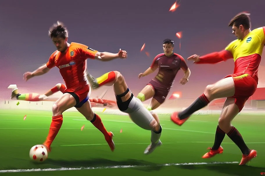 Oil painting, football match, the striker is kicking a goal, the ball is flying, bright but not neon colours, dynamic lines, dynamic blobs, spots, lines in the background of the character, like a colour explosion