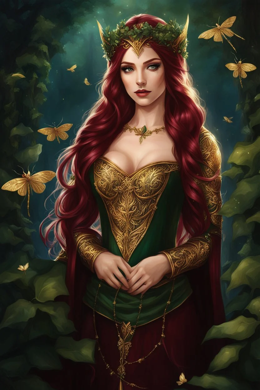 Burgundy hair, dark hair,dark red , rapunzel hair,very long hair,dark fairy princess,elven crown,night,dragonflies,beautiful,ong ashes,golden armor ,sparkle,night blooming,ivy,dark green,lilly of valley,golden elven crown,elven warrior,dark gold armor,extremely long hair