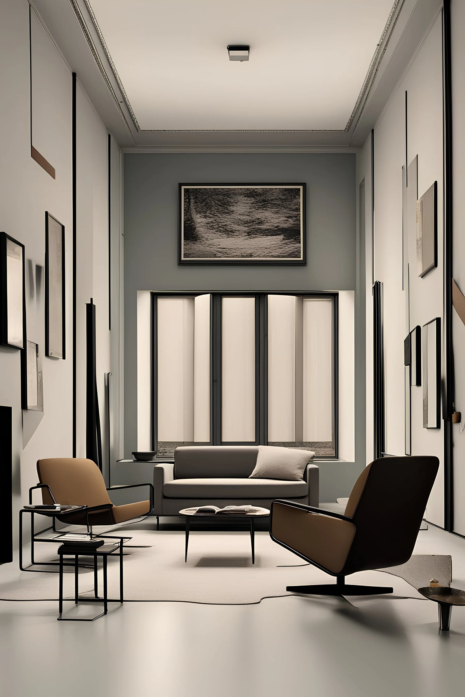 Describe a room in the Bauhaus style featuring a lone armchair, a chair, and one magazine, emphasizing the core principles of simplicity, functionality, and the seamless fusion of art and furniture, realistic photo