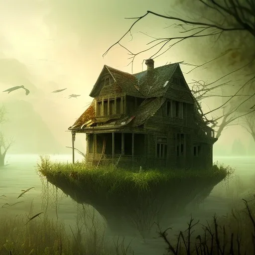 Abandoned house, overgrown, partially submerged,house interior, water inside