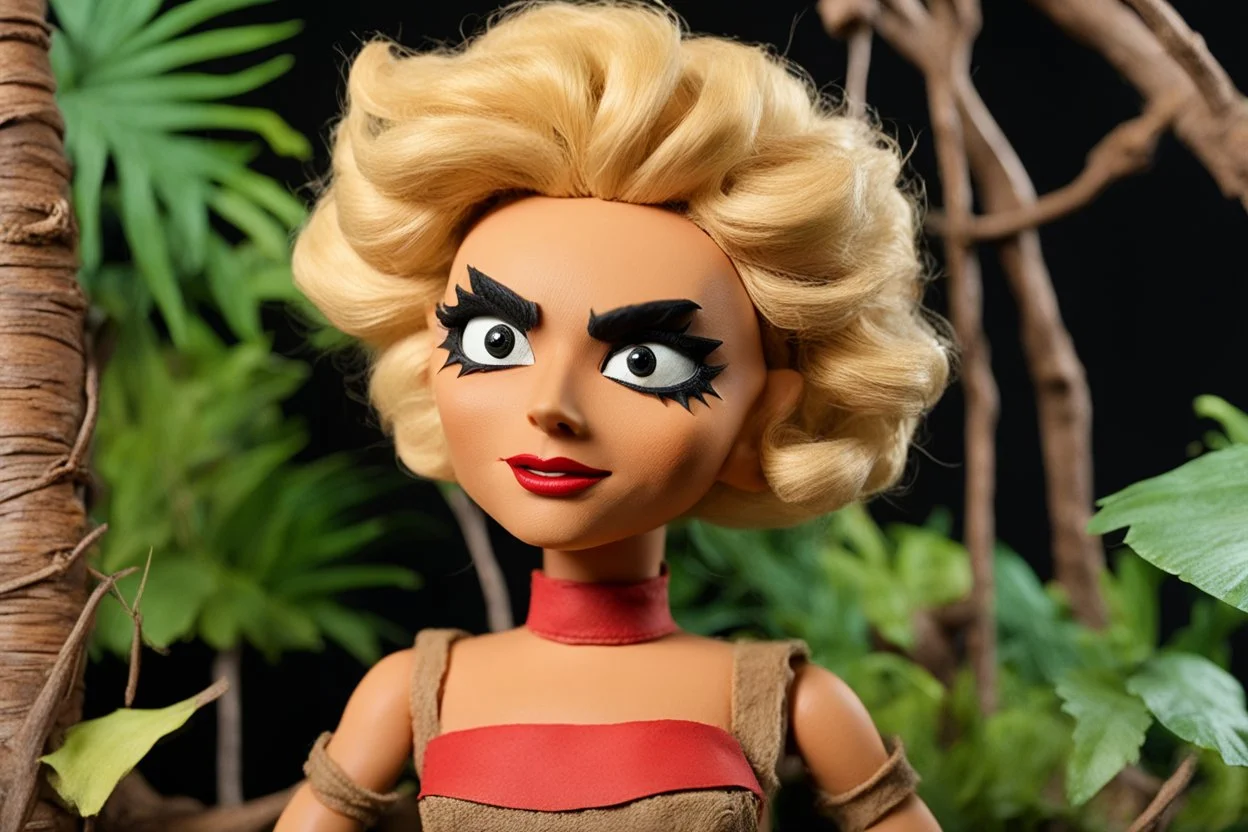 (1960's stop-motion animation puppet, in the style of Ray Harryhausen) Close-up shot of Shanna the blonde She-Devil, the jungle girl, executed as a handcrafted articulated armature puppet. She stands 10 inches tall within a detailed stop-motion diorama of a primordial jungle, built with layers of textured painted paper, foam, dried moss, and miniature tropical foliage. Shanna wears a carefully stitched leather and felt leopard print two-piece swimsuit (revealing outfit) with micro-textures