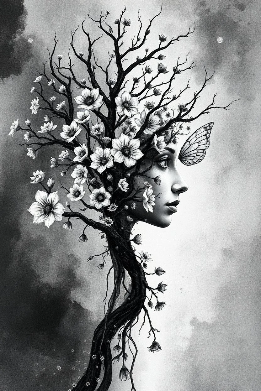 double exposure dry tree with fantasy flowers and profil one fairy face, black and gray watercolor illustration with weet ink, deep dark , surreal, dramatic atmosphere. intricate, stunning textures , mystery. stunning illustration