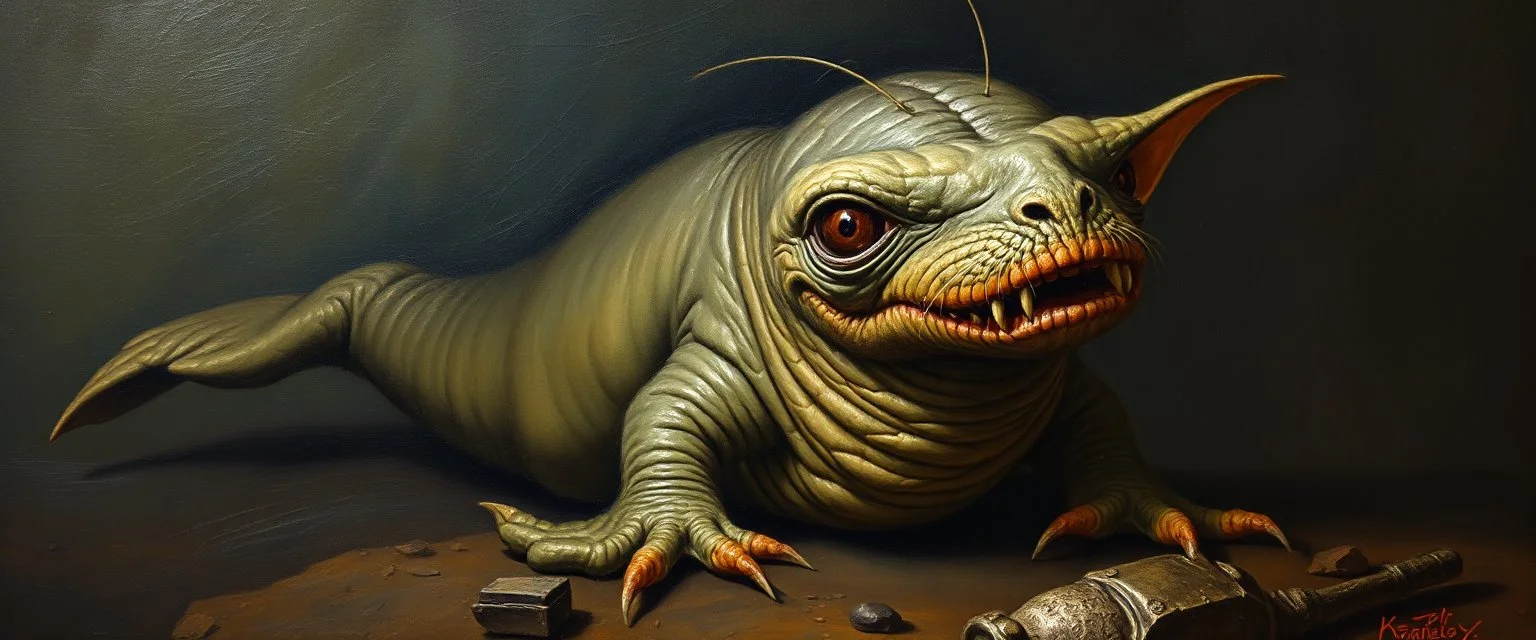 master oil painting by Rembrandt, creature from before the dinosaur alien seal gremlin