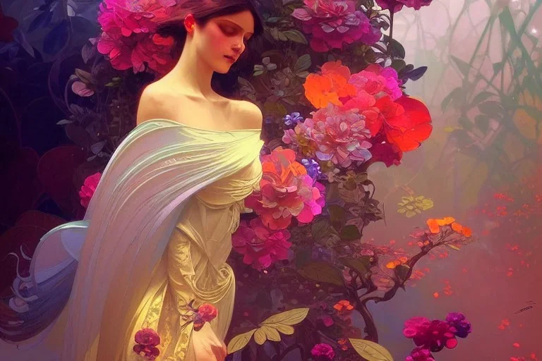 gardenia, colorful, psychedelic, intricate, elegant, highly detailed, digital painting, artstation, concept art, smooth, sharp focus, greg rutkowski art and alphonse mucha