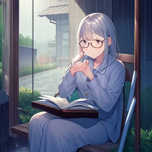 anime girl sitting on a porch swing of an old house, journaling, wearing pajamas, writing in a book, shes watching it rain, more detail on hands and her face,shes deep in her thoughts, wearing glasses, rain drops, she has a pencil in her hand and is writning in the book, she is looking down at what she is writing