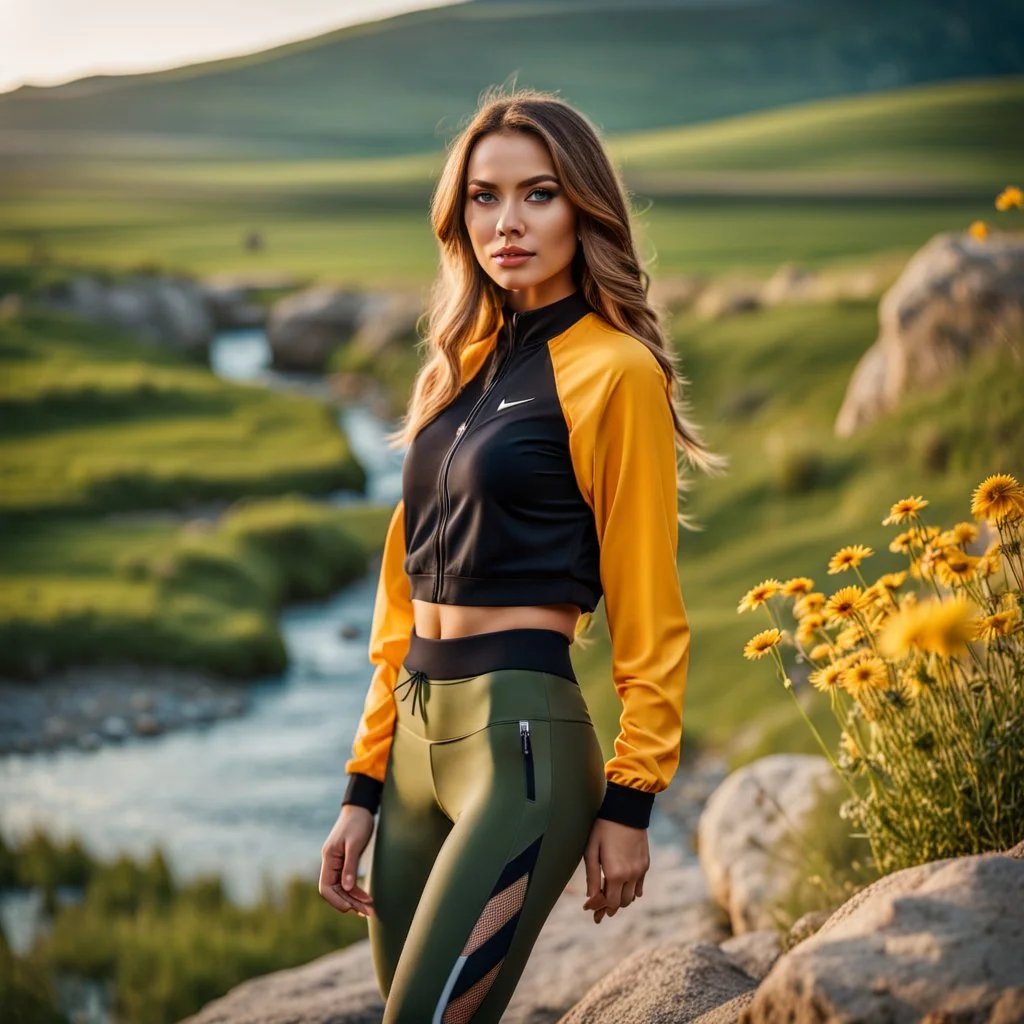 portrate close up shot of young-beautiful-girl-with-a-perfect-face-with-make-up-wearing- sport pants and jacket standing ,geen hills ,nice nature environment ,wild flowers,clean water river with colorfull rocks in floor