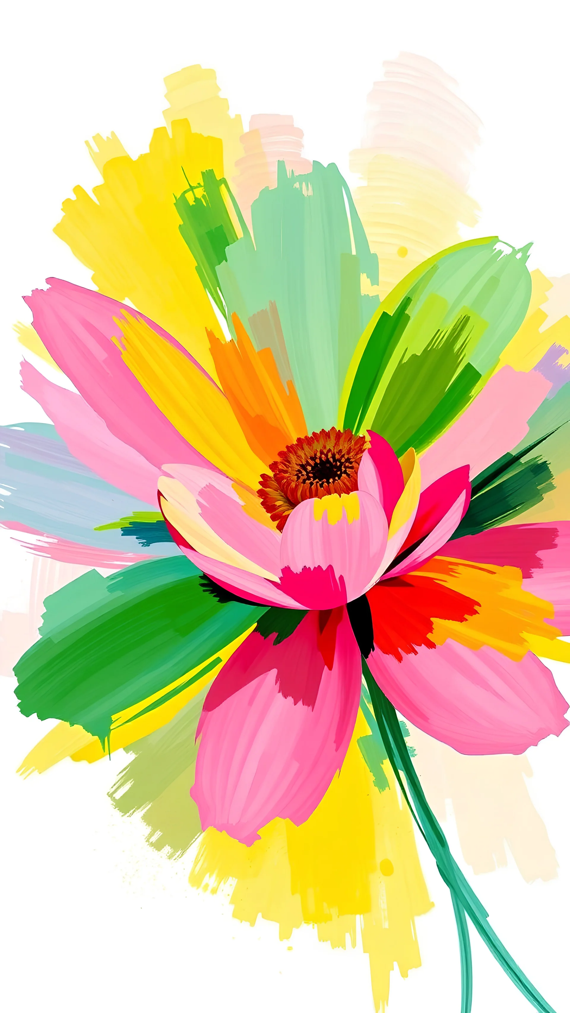 A vibrant and colorful abstract flower with bold, expressive brushstrokes in shades of pink, yellow, green, and blue. The flower appears to be the main focus, with a soft, dreamlike background