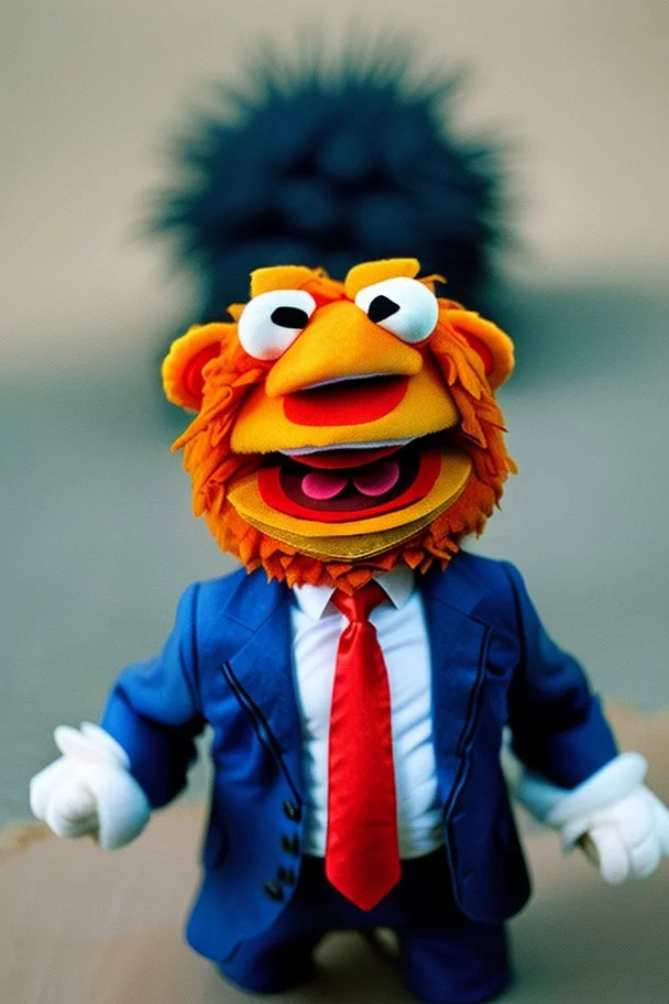 a Film Photograph of an angry orange Donald Trump Muppet made of felt and fur wearing a dark blue suit and red tie, he is angry and old - he is full of rage and anger, he hates everyone