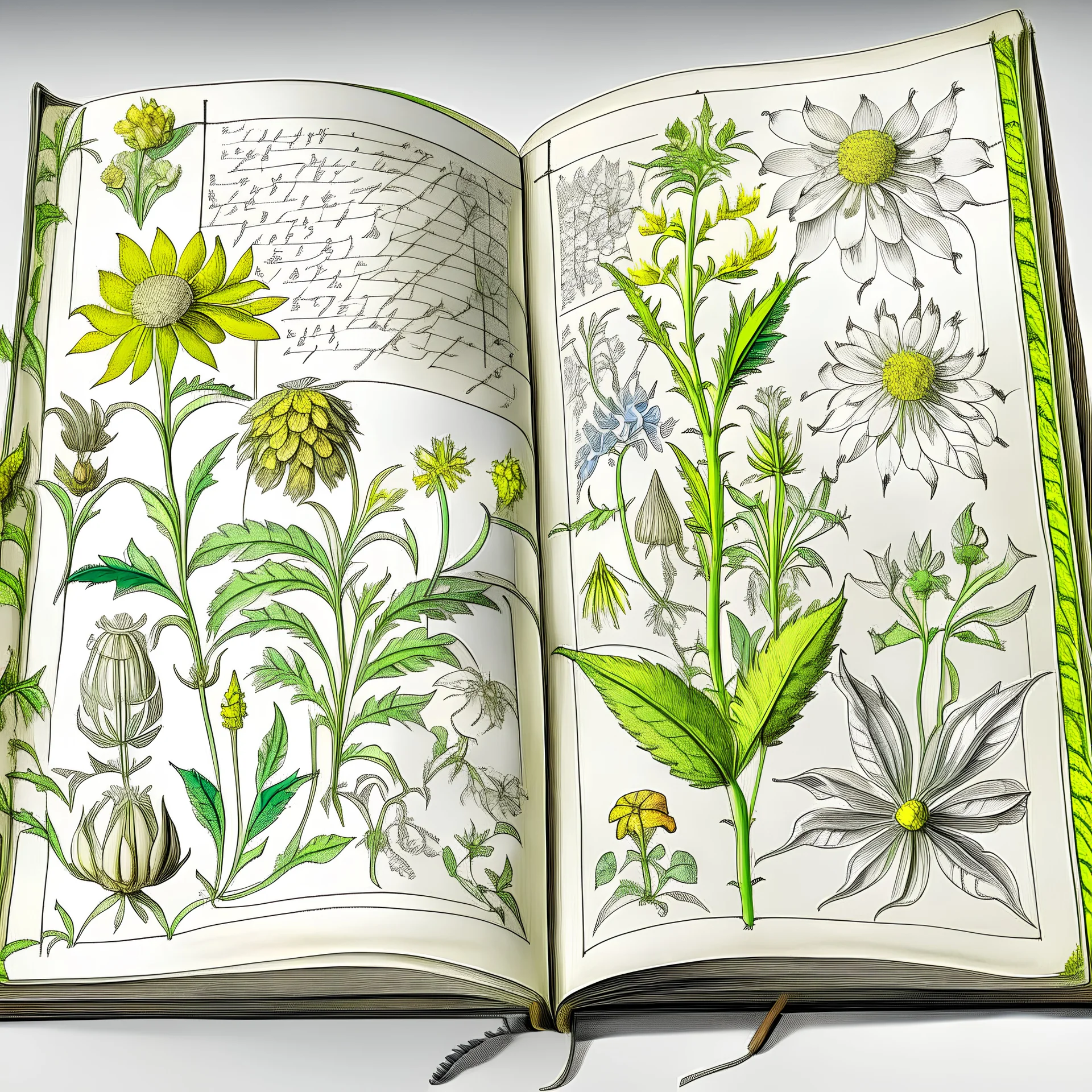 Es un fuerte dibujo a líneas de unas flores muy variadas y maravillosas que ocupan todo el plano fantástico y adornan unos bellos manuscritos en libros abiertos.