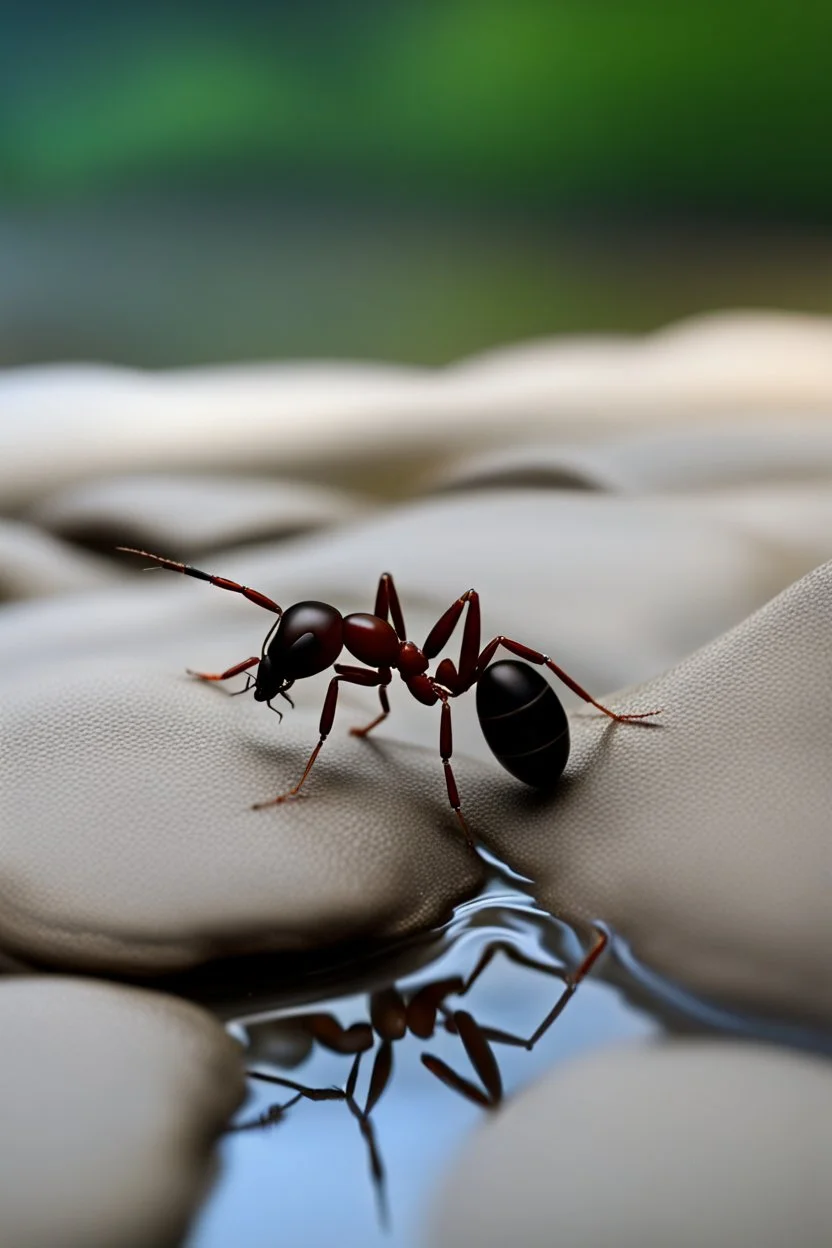 To drink the water, ant climbed up on a small rock. While trying to drink a water, she slipped and fell into the river