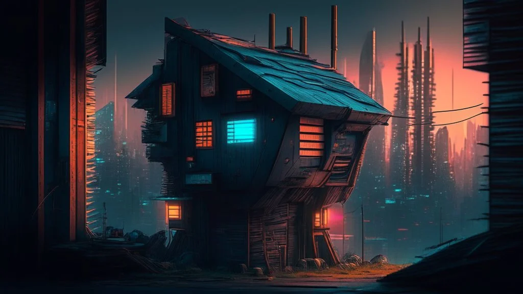 small Wooden Cabin, In cyberpunk city-skyline,