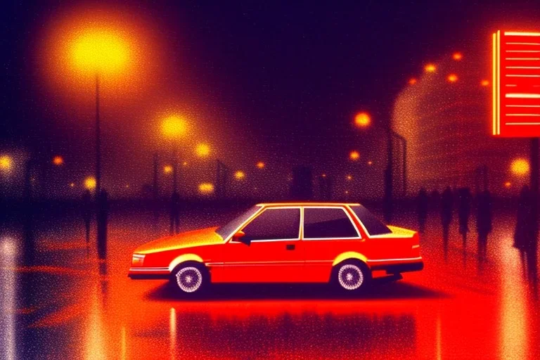 A 1990s car standing in front of a red traffic light, empty street, Cairo, 1990s, night time, rain, winter, movie scene Nick Harris style