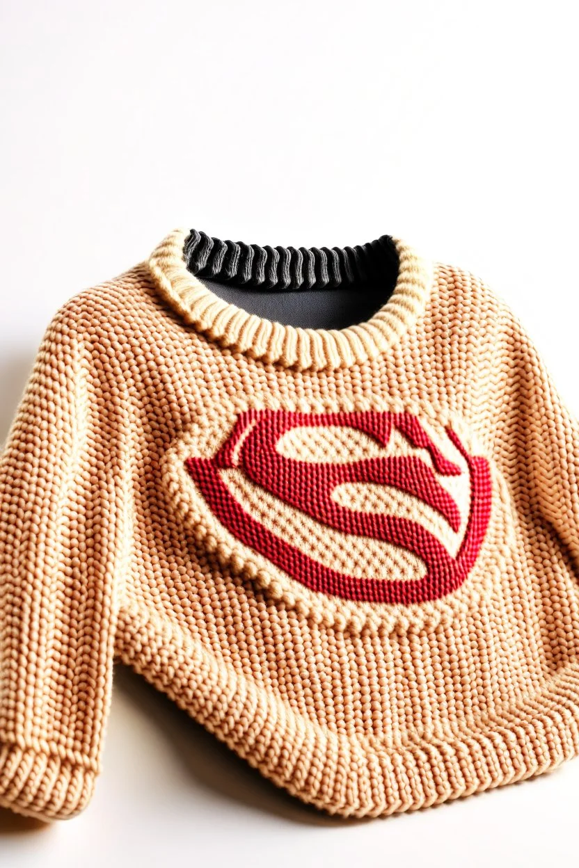 Superman's Balenciaga sweater Winter elegant inspired by Superman's emblem design beige tones with dual color on a white background, product catalog photography, soft spot lighting, depth of field, 4k –ar 3:5 –q 2