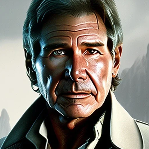 stunning photo realistic head to waist portrait of harrison ford as han solo in star wars with photo realistic short hair by alice zhang,Sam Spratt, Yi Fan, Houston Sharp, Matija Obrovac, Sharp focus, brown eyes, realistically weathered, natural and rough skin,space jacket from star wars, octane render, intricate