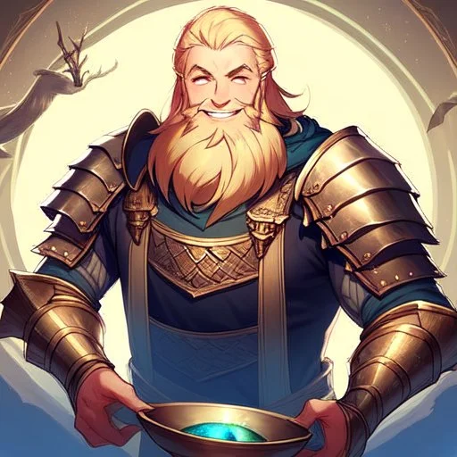 A nord male battlemage from Skyrim, full plate nordic armor, blond hair of medium length, hearty, smiling, thick short beard, an electric sphere in right arm, correct proportions