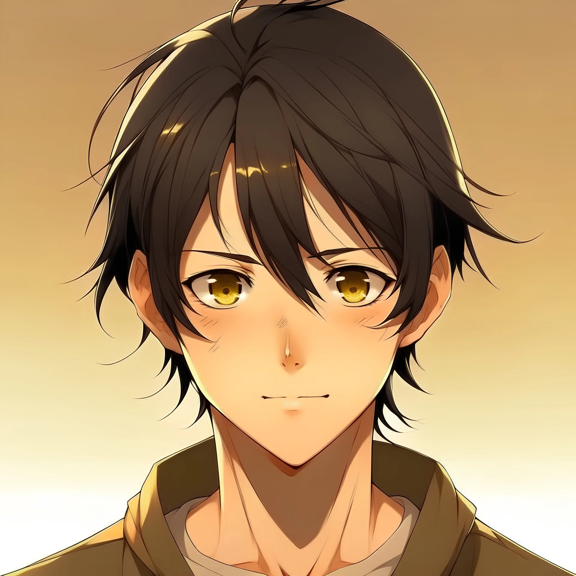 Japanese teenage boy, shoulder length black hair in a low ponytail, honey golden brown eyes, anime style, looking into camera
