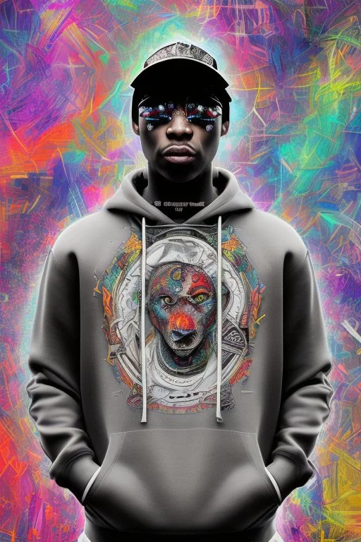 Cool black rapper with all the jewelery and tattoos, hoody and moves. Surrounded by an abstract backstreet graffiti vibe