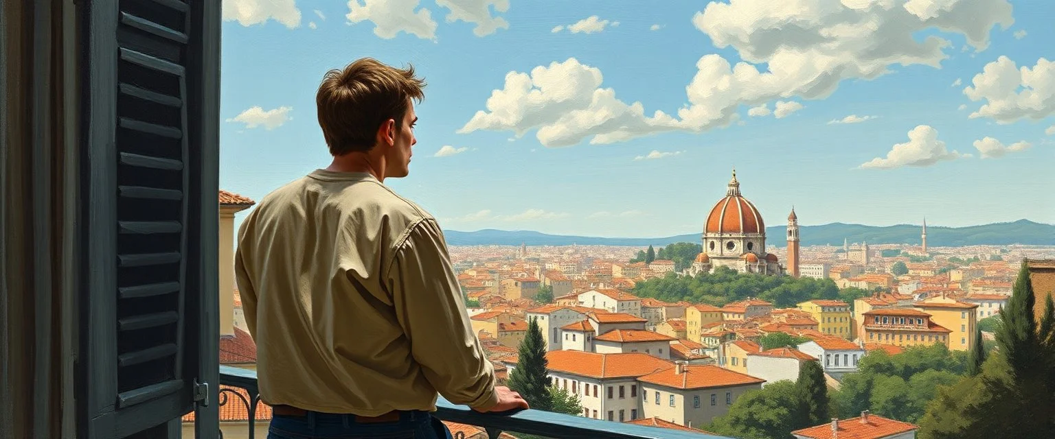 man is watching the city from the balcony painted by andrea del sarto