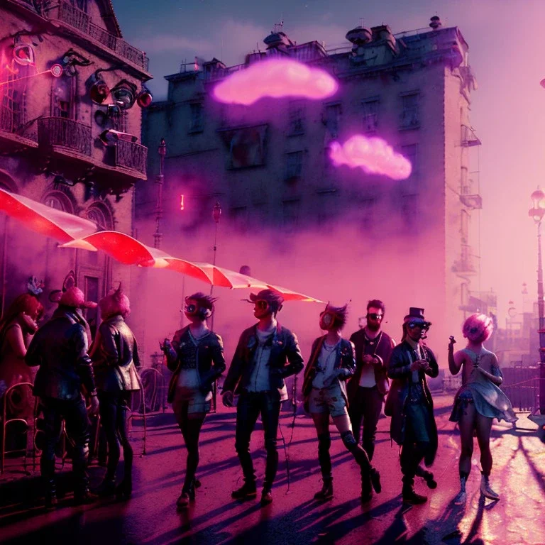 Ultra Realistic photo, medium shot view, drunken women, carnival scene, sexy steampunk. Pink hair, confeti, Sunglasses, smoking, happy, hot, red fog. highly detailed, concept art, unreal engine 5, ray tracing, RTX, lumen lighting, ultra detail, volumetric lighting, 3d, finely drawn, high definition, high resolution.