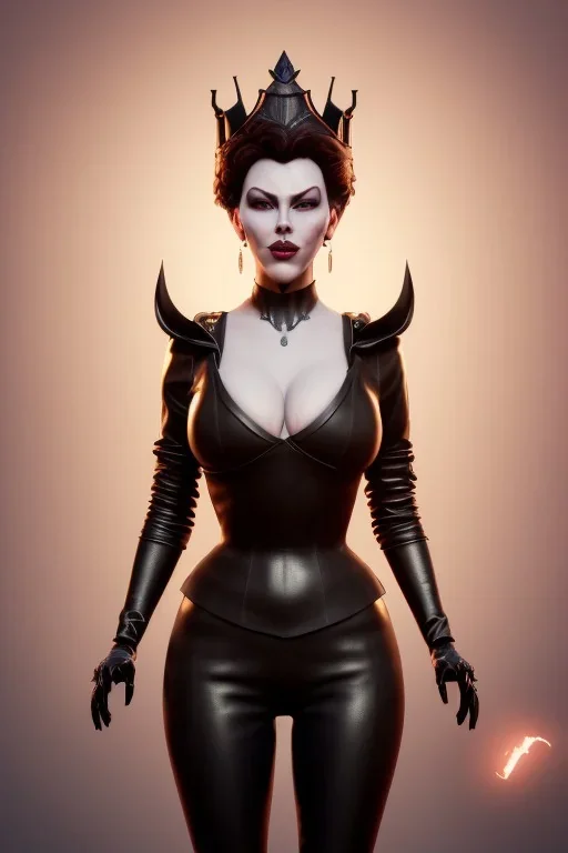 Hannah Waddingham as evil queen in black leather, busty, cleavage, voluptous, rebecca Welton, angry, stern look. character design by cory loftis, fenghua zhong, ryohei hase, ismail inceoglu and ruan jia. unreal engine 5, artistic lighting, highly detailed, photorealistic, fantasy