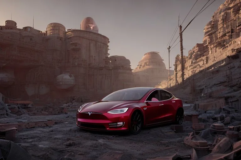 A Tesla 'Model S' is parked, within the trench of the Death Star. (CINEMATIC, WIDE ANGLE LENS, PHOTO REAL)