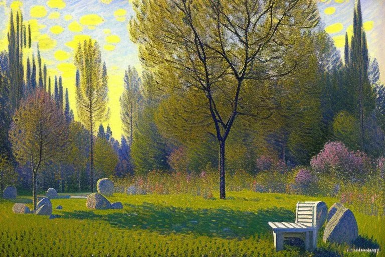 Sunny day with rocks and trees, square bench, alfred sisley impressionism painting