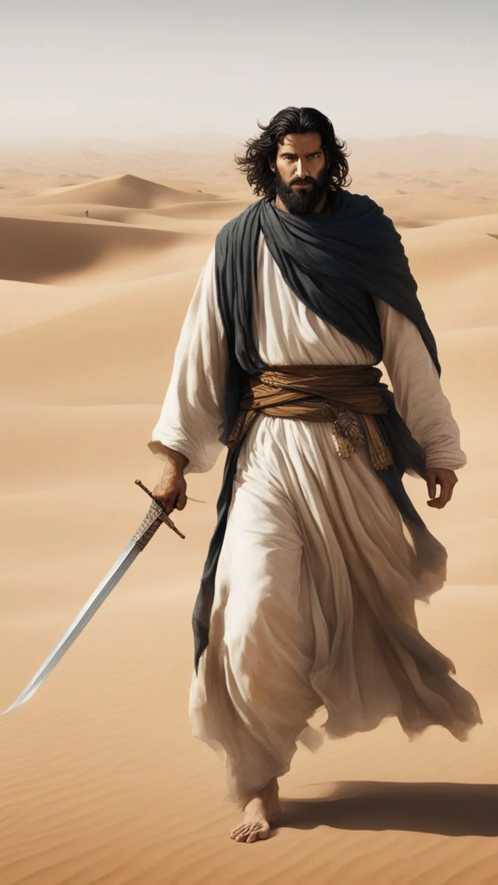 A picture of a man, in the desert, in old Arab dress, protecting a group of people behind his back, with black hair, a light beard, and carrying a sword.