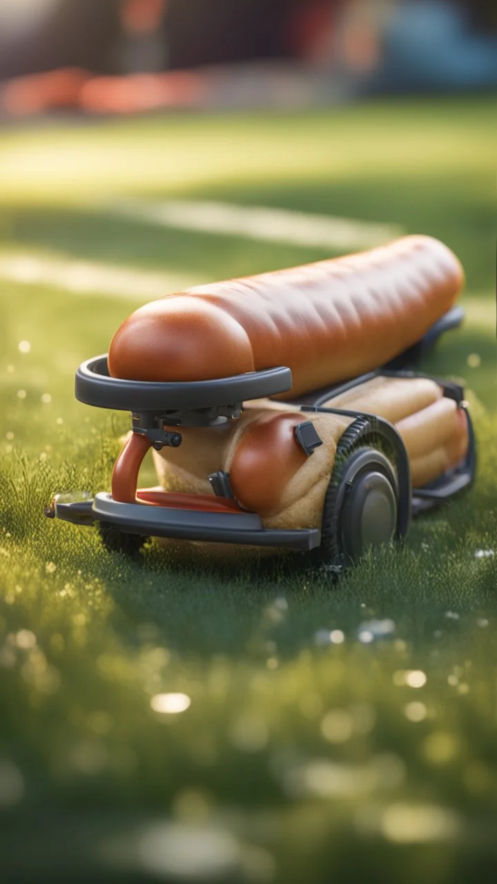 manual lawnmower that looks like a hot dog, bokeh like f/0.8, tilt-shift lens 8k, high detail, smooth render, down-light, unreal engine, prize winning