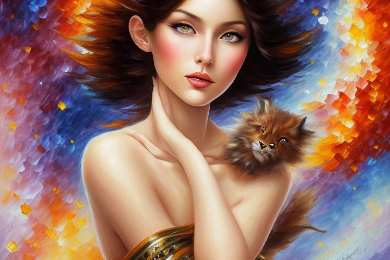 an irresistibly adorable image of a whimsical brunette woman creature with black hair and hazel eyes. Envision a charming being with fluffy, onyx-colored fur or hair that frames its endearing face. in the blowing wind Leonid Afremov