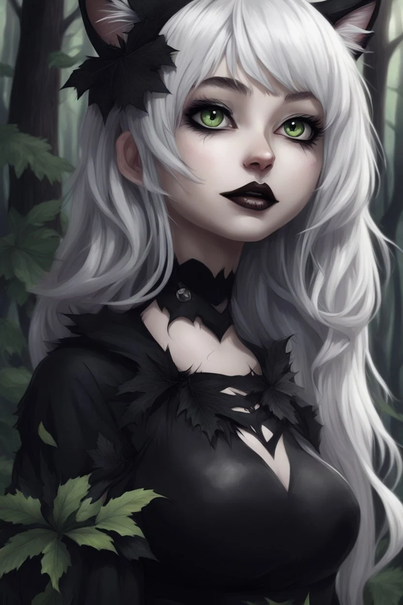 CAT GIRL, goth, forest, nature, cartoon, leaves, half black half white hair, boobs, portrait