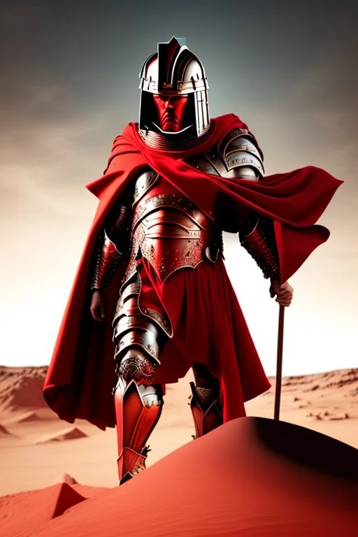 Planet Mars portrayed as a menacing man wearing Roman-like armour, a red cape, and a spartan helmet that covers his face entirely