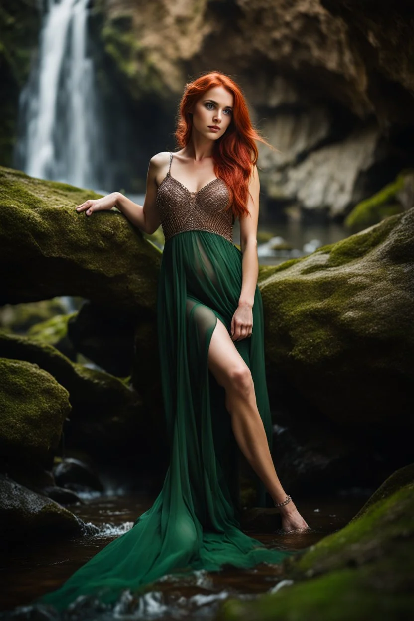 Close UP, delicate, cute, soft, skinny belly red haired Young lady, Green eyes , cave waterfall, medieval