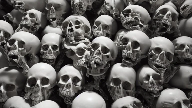 hundreds of anatomically correct, human skulls stacked into a wall unusual neon lighting, high octane, 64k, dystopian, vray, a picture of a dark, comedic, anatomically correct wall of colorful tightly packed skulls of varying sizes and expressions, photo-realistic, insanely meticulous, highly detailed,, 64k, dystopian, vray