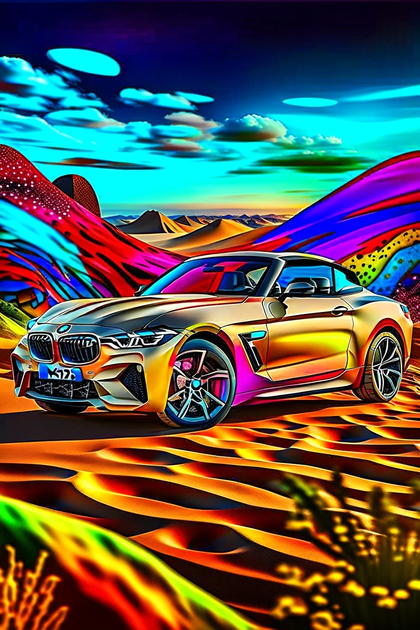 a realistic photo of a bmw z4,the car is spray painted with graffiti, desert background with sand storm to make the car stand out, colorful and stylish graffiti, 12k highly detailed and realistic , Masterpiece, dramatic product shot