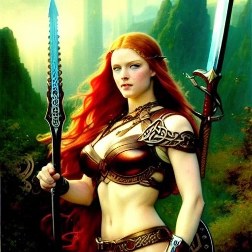 portrait 'beautiful Sexy Busty Redhead Sif',braided long hair,horned helmet, celtic tattoed,crystal clear green eyes,painting by gaston bussiere, greg rutkowski, yoji shinkawa, yoshitaka amano, tsutomu nihei, donato giancola, tim hildebrandt, oil on canvas, cinematic composition, extreme detail,fit full head inside picture,32k