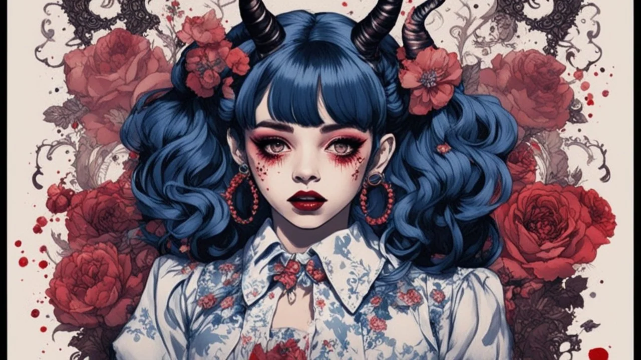 Poster in two gradually, a one side wears a smart shirt which is embroidered with bluered flowers and ornaments, has dark eyes and horns,malevolent goth vampire girl face and other side the Singer Melanie Martinez face, full body, painting by Yoji Shinkawa, darkblue and sepia tones,