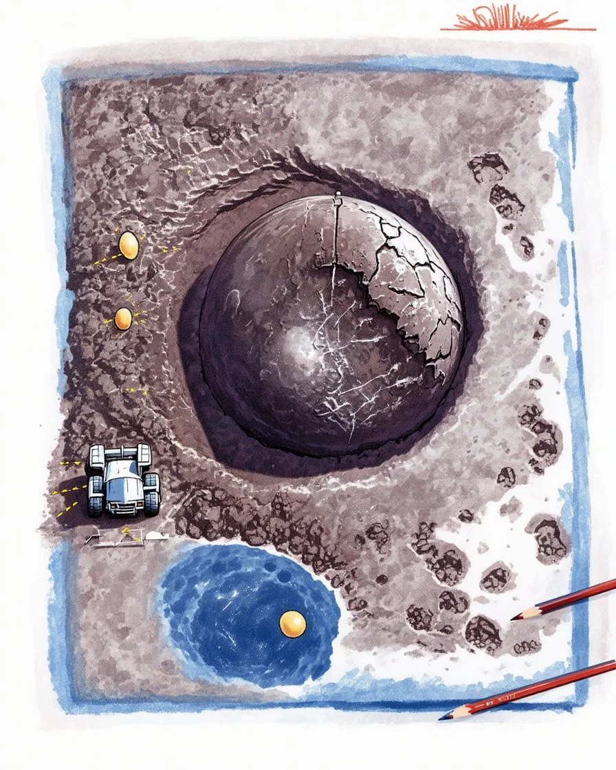 High-altitude lunar reconnaissance satellite image of a young impact crater with larger regolith along right ride. A damaged metallic alien sphere with fracture lines like an egg. organic growth across regolith and up crater walls. Along the lower frame edge a small modern bare-bones lunar-vehicle sits near the rim with visible wheel tracks. comic pencils