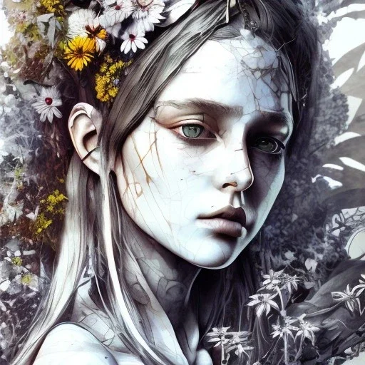 singer Danish MØ face,Style Yoji Shinkawa, watercolor illustration , Dryad, plants, wildflower,