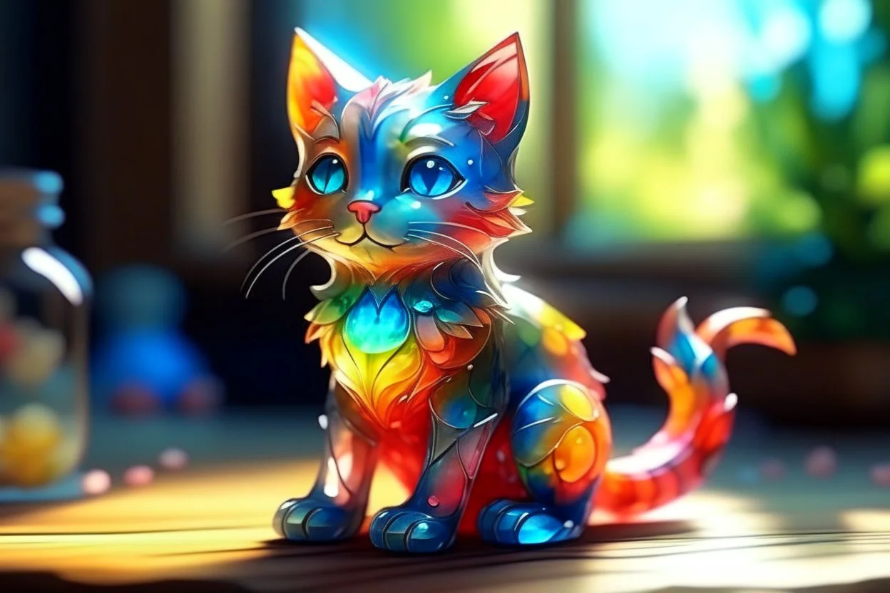 Cute chibi colourful Glass cat in style of Mariya Markina, digital painting; fantasy; very attractive; beautiful; high detail; cinematic postprocessing; acrylic art in sunshine