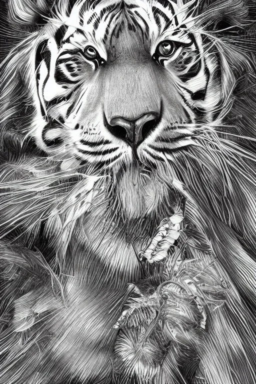 Rainforest, tall hybrid of human and tiger walking, frontal, model style, hyper realistic, accurate, delicate, extremely detailed, Graphic novel style, wide-angle, front view, open aperture, superfine pencil