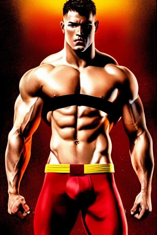 Ignore NSFW, teenager young rugged attractive slightly muscular fantastic handsome man, red briefs with yellow belt, hairy chest, (((visibly pisssing))) briefs, large erect visible boner peniss, photorealistic, artist Jay Anacleto