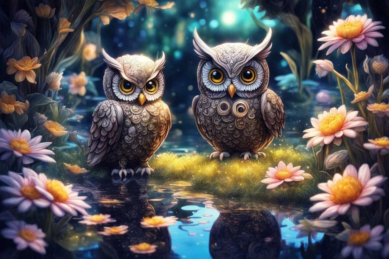 black light art, owl and small chibi duck in a flowergarden with beautiful flowers, pond, in sunshine, H.R. Giger, anime, steampunk, sürreal, watercolor and black in outlines, golden glitter, ethereal, cinematic postprocessing, bokeh, dof