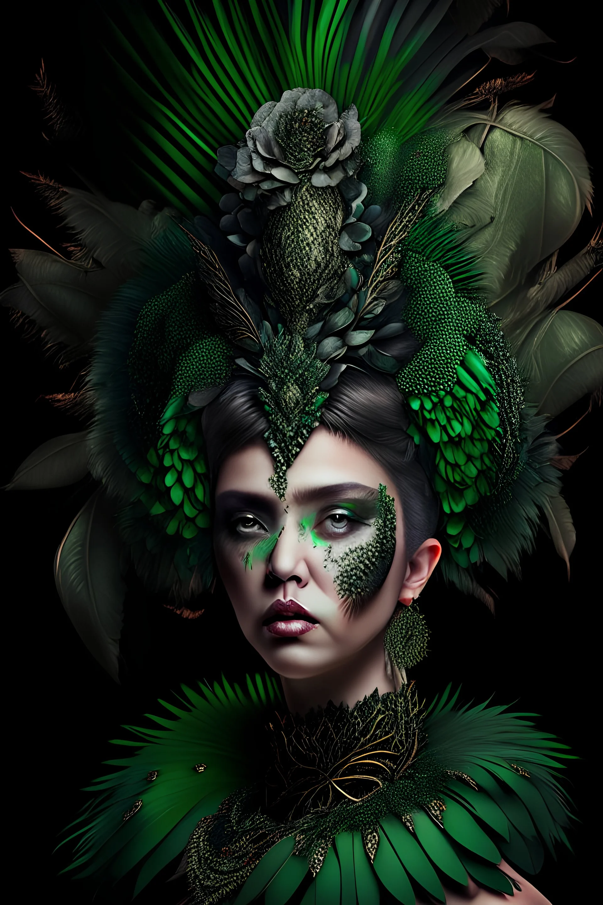 Beautiful woman portrait adorned with Rooster feather , textured detailed feathers adorned with baroque style green and black pearls, diamond headdress, florals, organic bio spinal ribbed detail of detailed creative 3d baroque style light floral background extremely detailed hyperrealistic maximálist concept art